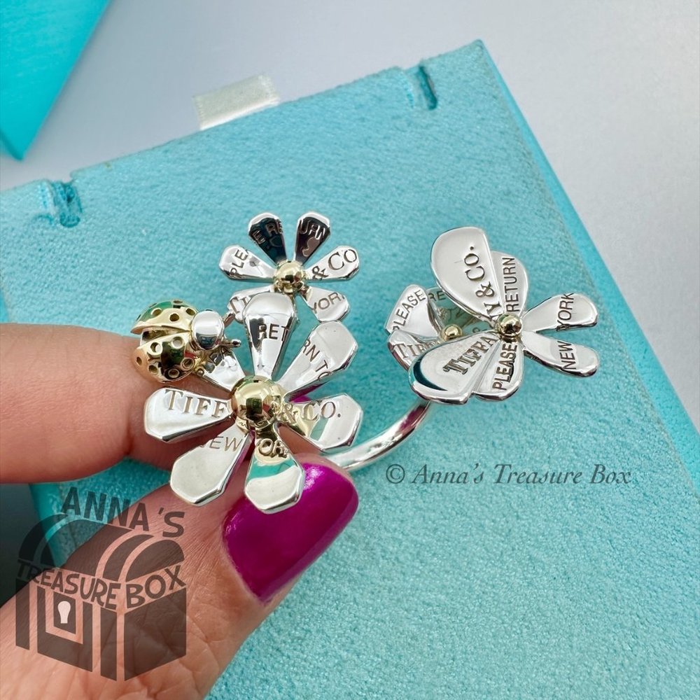 Tiffany & Co. 925 Silver 18k RTT Love Bug Flower Cluster Ring Size 7 (boxset)